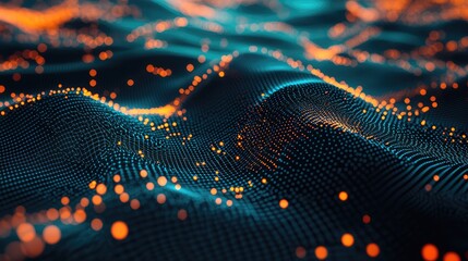 Digital data points streaming across a dark blue undulating mesh grid, glowing blue and orange to depict ai, big data analytics, global connectivity and futuristic network flow