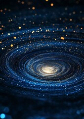 An abstract illustration of a galaxy with swirling blue and golden particles