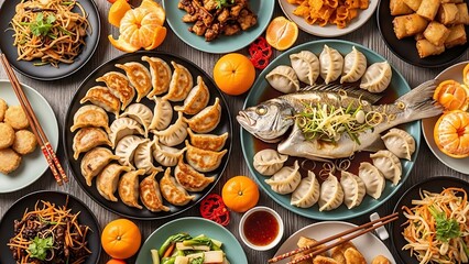 Variety of traditional chinese dishes including dumplings and fish on plates with oranges and chopsticks on a wooden table for chinese new