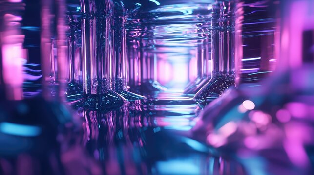 Abstract tunnel featuring glowing neon lights in shades of pink, purple, and blue, reflecting dynamically on a wet, metallic surface, suggesting a modern technological pathway or digital space - Powered by Adobe