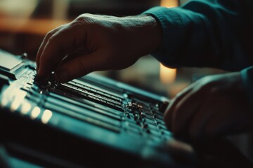 A person's hands skillfully adjust control faders on a professional sound mixing console in a dimly lit audio production studio environment.