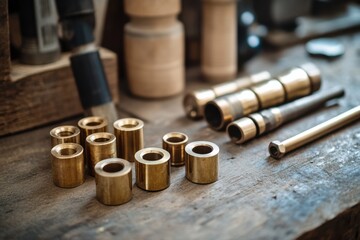 Close up view of shiny brass mechanical parts and fittings lying on a textured wooden surface in an old workshop.