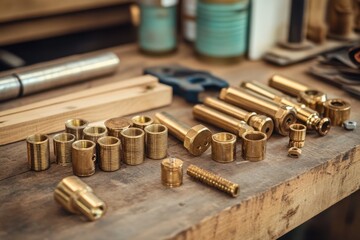 Many polished brass metal components and various small precision engineering parts are neatly arranged on a rustic wooden workbench in a professional workshop.