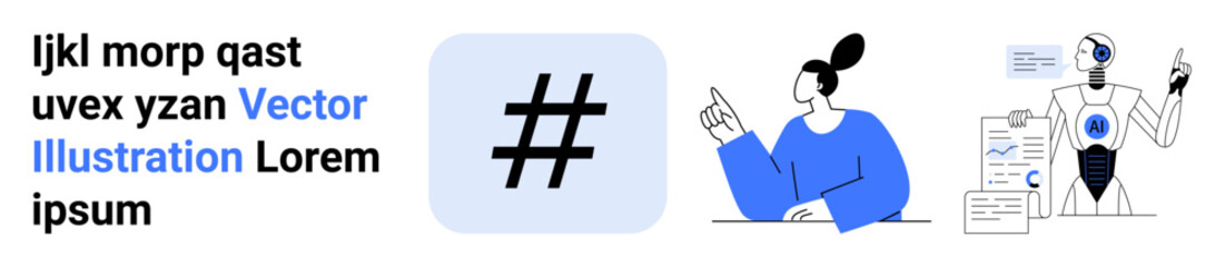 Human character pointing at a metadata tag icon, AI robot analyzing data, and text elements. Ideal for digital trends, AI analysis, innovation, teamwork, data management, education simple landing