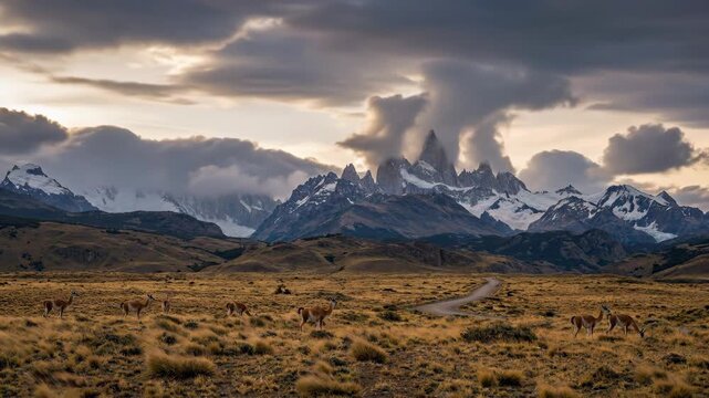 Guanacos are grazing on dry golden grasslands with a winding dirt road leading towards the iconic peaks of mount fitz roy and the andes mountains under a cloudy sunset sky