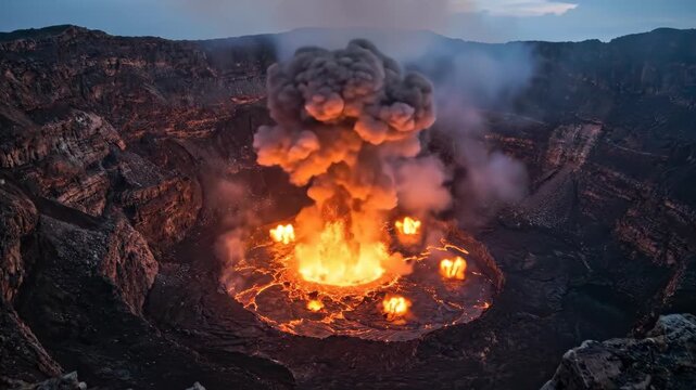 Mount nyiragongo volcano crater features a glowing lava lake actively bubbling and erupting with smoke, showcasing the immense power and raw beauty of nature's geological force