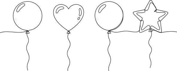 Hand drawn balloon outline vector with round, heart, and star shapes, minimal party decoration illustration for celebration, birthday, and event designs