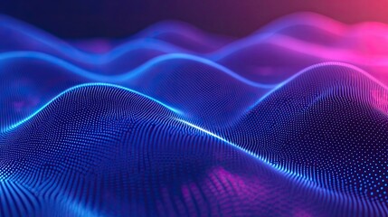 Digital wave pattern featuring glowing blue and magenta dots representing big data visualization, artificial intelligence, science, and network communication in a futuristic cyberspace landscape