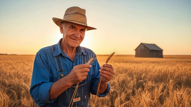 Male adult caucasian farmer in a straw hat inspects golden wheat stalks in a vast field at sunset. He smiles, appreciating the bountiful harvest and the joy of rural life