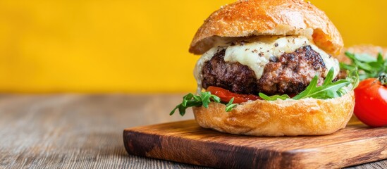 Delicious juicy burger with melted cheese on a wooden board.