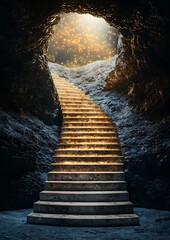 Stairway leading out of a cave, illuminated by light 