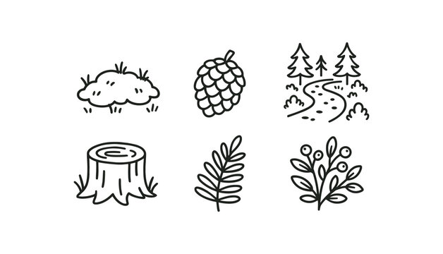 forest hand drawn cute doodle style moss patch pine cone forest path tree stump fern leaf berry shrub