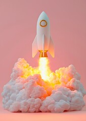 A rocket taking off with a burst of flames and smoke, set against a pink background. A sense of innovation and progress.