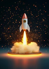 A rocket blasting off into space, with a trail of fire and smoke. The rocket has a red nose and white body, and is surrounded by sparkling lights