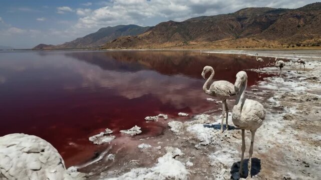 Calcified flamingos stand petrified on the white salt crust shoreline of the highly alkaline and corrosive lake natron, creating a stark visual of nature's harsh environment