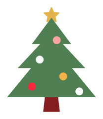 Simple christmas tree with star and ornaments for holiday greeting cards, winter decorations and festive designs, PNG with transparent background