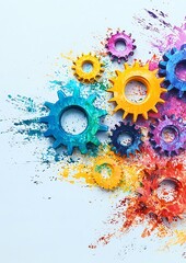 Colorful gears creating a dynamic composition against an explosion of vibrant colors. The gears interlock, symbolizing connection and synergy, perfect for themes of innovation and teamwork