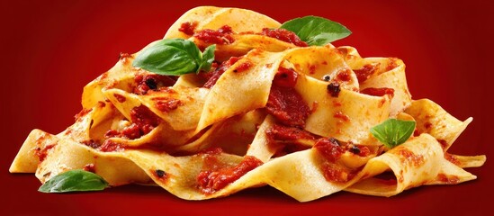 Delicious Pappardelle Pasta with Tomato Sauce and Basil.
