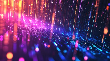 Digital particles representing information transfer and big data processing, creating a vibrant abstract background showing technology and high speed communication