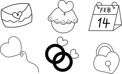 Line Art of Love Symbols, Hearts, Cupcake, Envelope, Calendar, Balloon, Rings, and Lock for Valentine