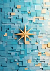 A golden star compass on a blue tiled background, navigation and exploration concept. The star represents guidance and direction, set against a backdrop of varying shades of blue
