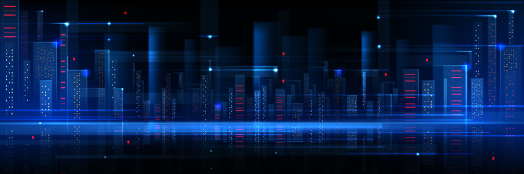 Futuristic city skyline with glowing digital network and neon lights. Abstract tech background with smart buildings, data visualization, cyberpunk architecture and blue holographic city elements.
