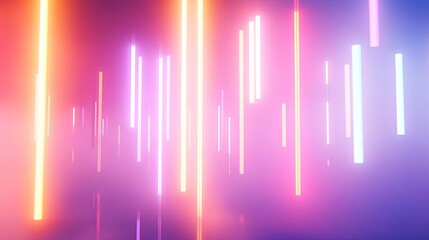 Abstract background presenting a dynamic arrangement of glowing vertical neon light lines in vibrant pink, blue, yellow, and orange gradients, creating a futuristic and energetic texture