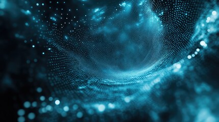 Abstract digital data tunnel showing dynamic network connections with bright glowing particles, illustrating concept of big data, technology, internet, and communication