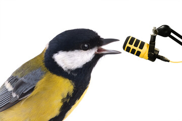 Singing  tit at the microphone isolated on white background © fotomaster