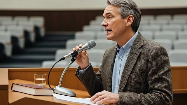 Passionate speech delivery in courtroom setting by elderly speaker