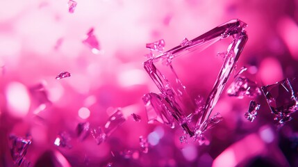 Pink glass fragments, including a striking pyramid shape, are shattering and floating in mid air against a vibrant magenta background with sparkling bokeh for an abstract, dynamic effect
