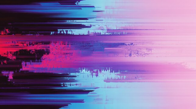 Abstract digital glitch background with pixel sorting distortion and vibrant neon blues, purples, and pinks, evoking corrupted data, network disruption, and futuristic tech aesthetics - Powered by Adobe