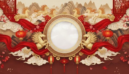 Celebrating lunar new year festival with majestic lions traditional chinese landscape graphic design colorful environment artistic viewpoint cultural concept for vibrant celebrations