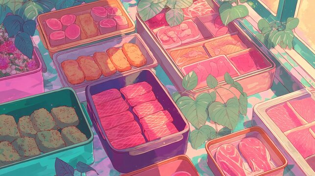 illustration from a high angle, looking down on a perfectly arranged Moo Krata pan filled with a colorful variety of meats, seafood, and fresh vegetables, ready for cooking. The composition 