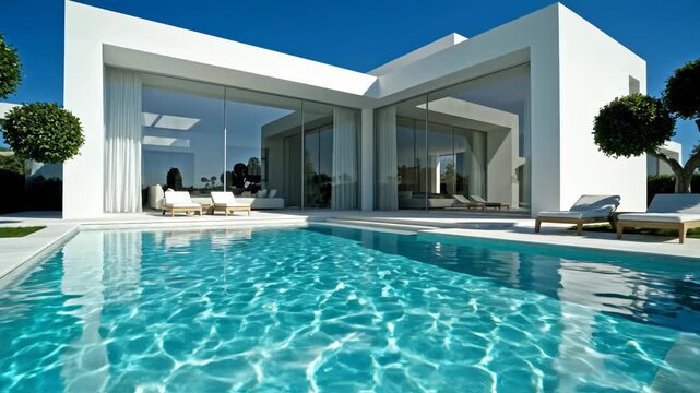 Modern white luxury villa with large glass windows and a bright blue swimming pool on a sunny day