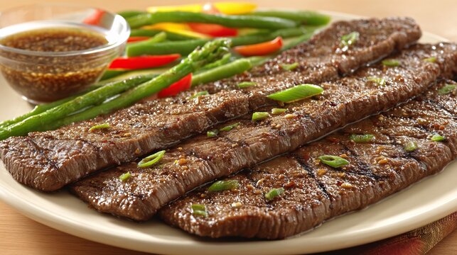 illustration of a single serving of grilled pork and blanched vegetables from a Moo Krata meal, served with a delicious, vibrant dipping sauce. The focus is on the final dish and its enticing 