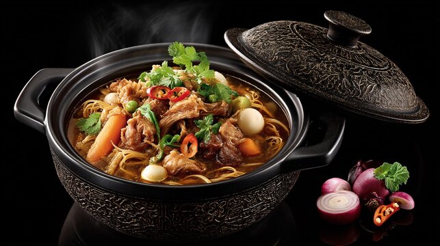 close-up illustration of the unique Moo Krata pan, showing the intricate design of the grilling dome and the broth channel at the edge, filled with simmering broth and floating vegetables. The 
