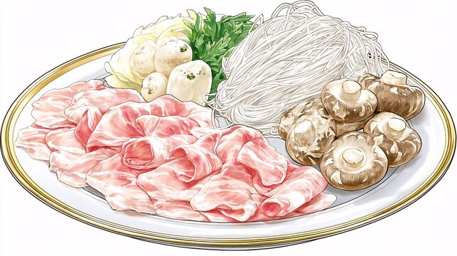 illustration of the key ingredients for Moo Krata neatly arranged on a platter: thinly sliced pork, fresh leafy greens, mushrooms, and glass noodles. The image celebrates the fresh, high-quality 