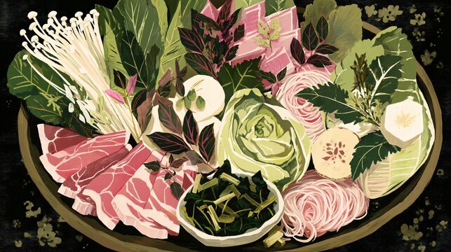 illustration of the key ingredients for Moo Krata neatly arranged on a platter: thinly sliced pork, fresh leafy greens, mushrooms, and glass noodles. The image celebrates the fresh, high-quality 