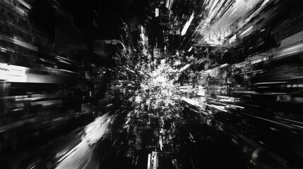 Abstract digital composition creating a futuristic explosion of data and information, portraying a dynamic sense of speed, connectivity, and technological advancement in a monochrome environment