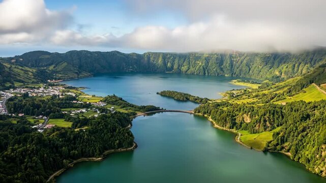 Volcanic crater lake lagoa das sete cidades showing the iconic twin lakes connected by a bridge, surrounded by lush green landscapes, hills, and a small village in the azores