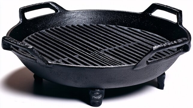 shot of traditional moo krata pan on white background showing center grill and surrounding soup moat for vegetables and noodles product shot, moo krata pan, isolated cookware, soup moat, grill 