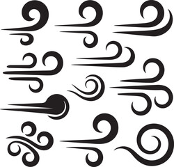 Set of black wind and swirl graphic elements curl wave