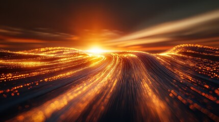 Glowing lines of data and light particles move in undulating streams across an abstract digital landscape, reflecting a vibrant sunset on the horizon, depicting concepts of speed and connectivity