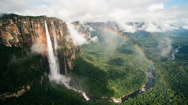 Angel falls plunges from au&ntilde;&aacute;n-tepui into a misty tropical valley in canaima national park, venezuela, with lush jungle below and a vibrant rainbow arching over the falls