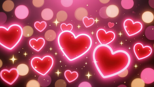 Glowing red and pink hearts with sparkles and bokeh lights on dark background. Festive romantic illustration for Valentine's Day or love themes.