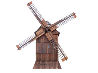 Vintage wooden windmill isolated on white background