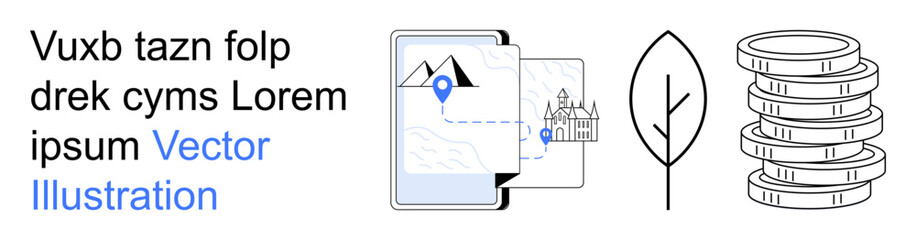 Travel, sustainable economy, navigation apps, eco-tourism, finance, digital tools. Map with location pin, leaf and stack of coins. Travel and sustainable economy concept