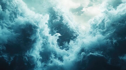 Dynamic, swirling dark and light teal storm clouds creating a dramatic background, symbolizing weather, environmental change, and powerful natural forces