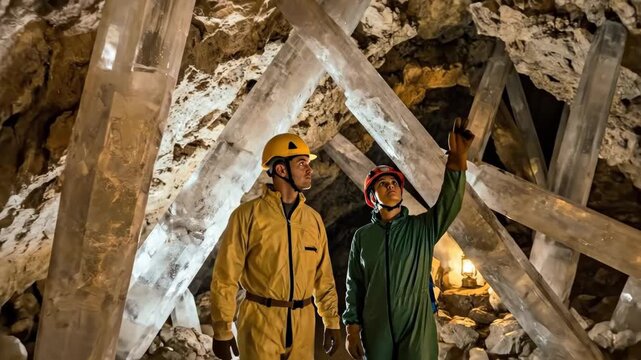 Two explorers stand amidst immense selenite crystals, discovering the unique geological formations and natural wonder of gruta dos cristais cave in brazil, illuminated by lanterns